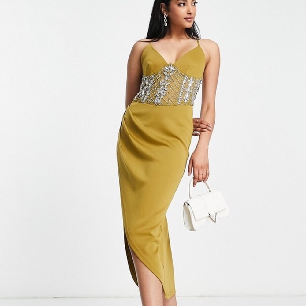 ASOS corset embellished thigh slit midi dress in khaki.